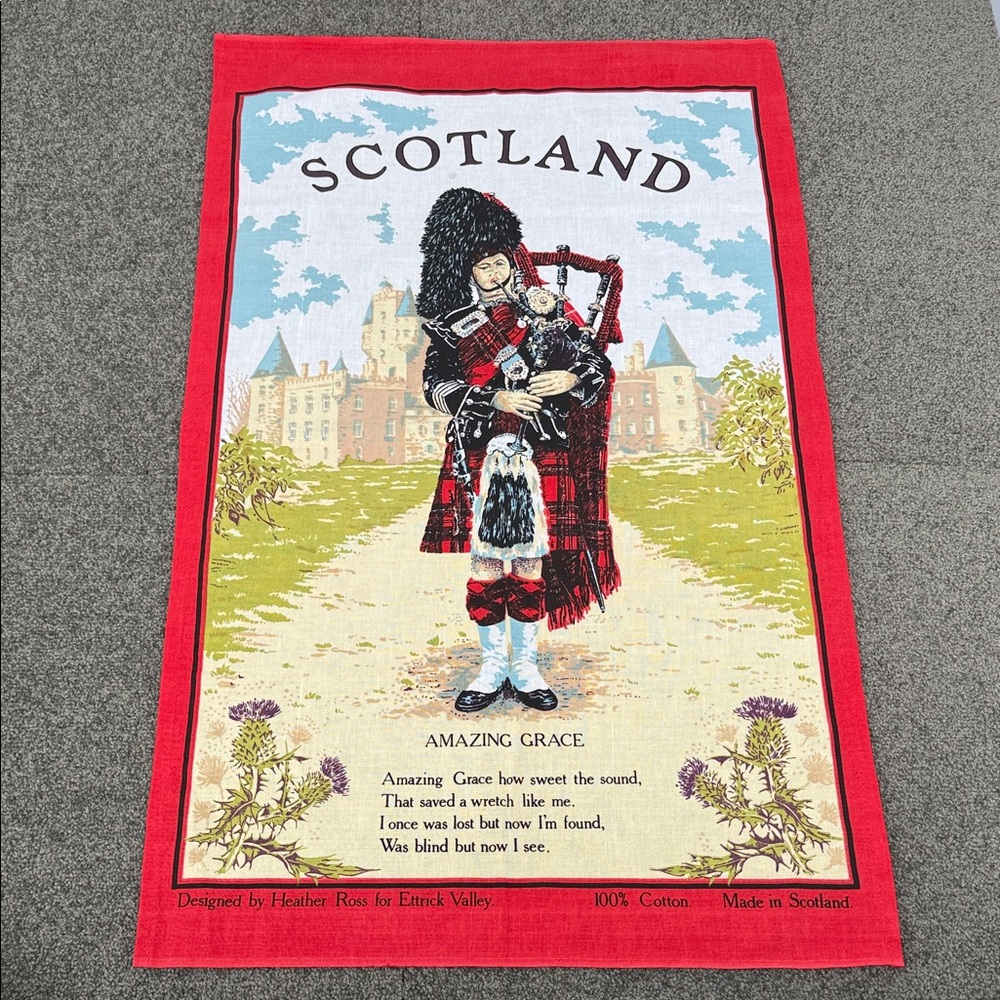 Scotland Tea Towel Wall Hanging Red Black Cotton Bagpipes Amazing Grace Kilt
